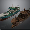 Modern Green and White Water Transport Ship And Old Rusted Vintage Boat Model