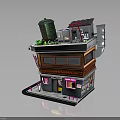 Multi Storey Urban Building With Green Water Tank Roof Structure And Colorful Storefront Windows