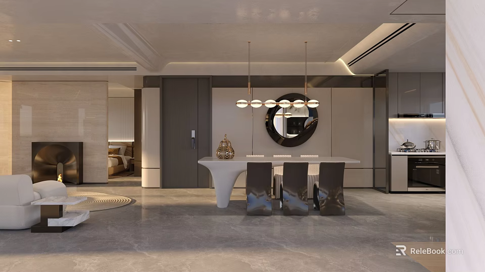 Modern Luxury Open Plan Living And Dining Room With Exquisite Dining Set And Soft Lighting 3d model 