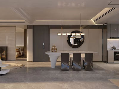 Modern Luxury Open Plan Living And Dining Room With Exquisite Dining Set And Soft Lighting 3d model