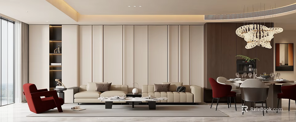 Modern Minimalist Cream Tone Living Room With Comfortable Leather Sofa And Soft Upholstered Background Wall 3d model 