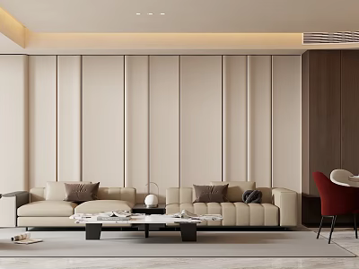 Modern Minimalist Cream Tone Living Room With Comfortable Leather Sofa And Soft Upholstered Background Wall 3d model