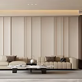 Modern Minimalist Cream Tone Living Room With Comfortable Leather Sofa And Soft Upholstered Background Wall