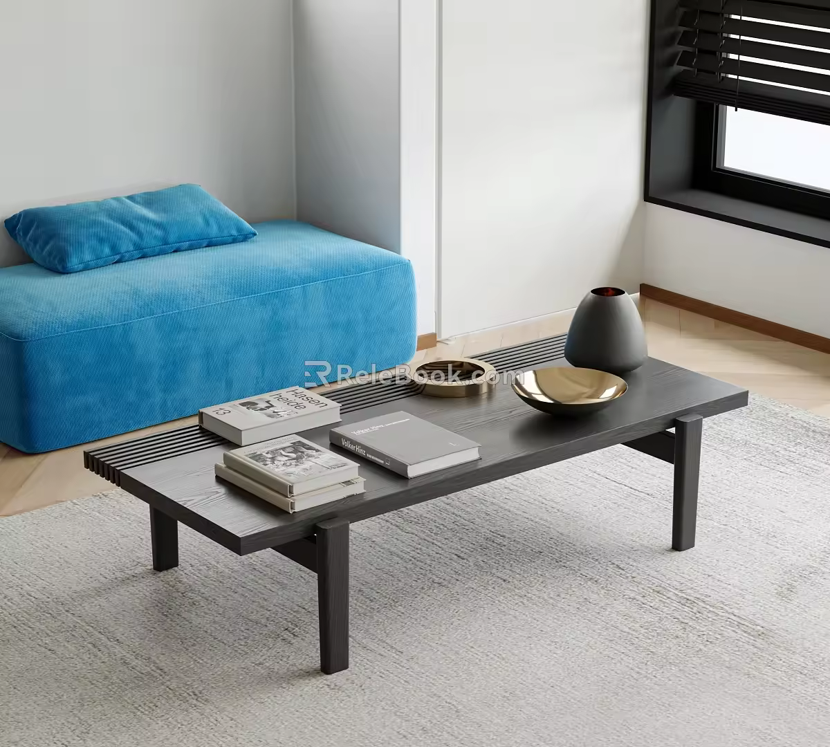 Albedo Solid Wood Long Coffee Table Tea Table Tea Table Bench Books Metal Ornaments Fruit Tray 3d model
