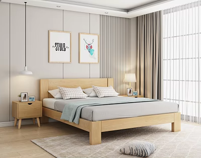 Nordic Double Bed Solid Wood Double Bed 3d model