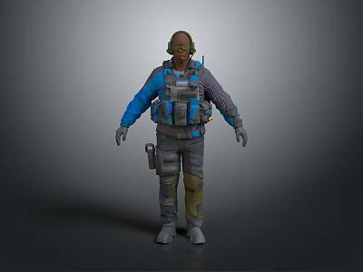 Game Movie Character in Blue Gray Tactical Outfit with Vest Goggles Gloves 3d model