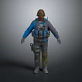 Game Movie Character in Blue Gray Tactical Outfit with Vest Goggles Gloves