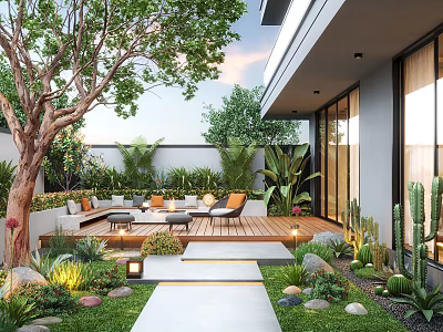 Modern Garden Design with Outdoor Seating Large Tree Green Plants Stone Path and Warm Lighting 3d model