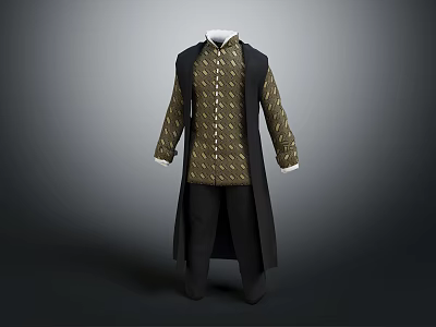 Men's Patterned Long Sleeve Shirt With Black Long Vest And Trousers 3d model