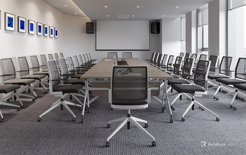 Modern Conference Room With Long Table Multiple Chairs Projector Screen And Blue Framed 3d model