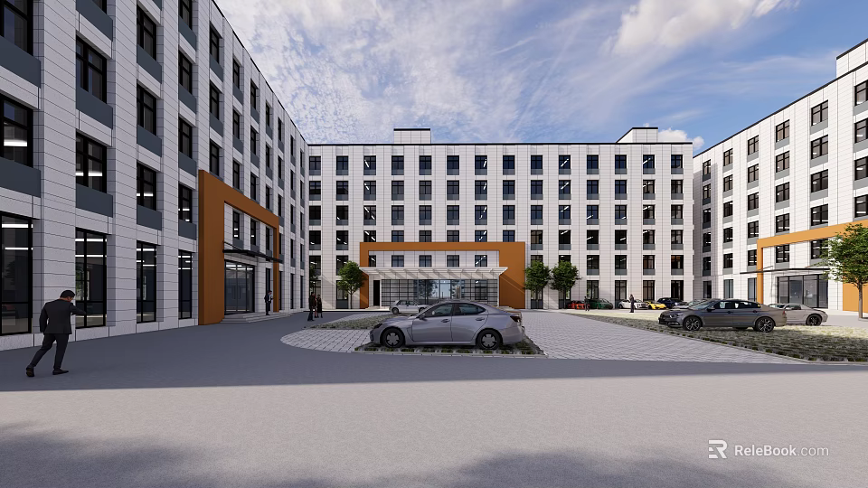 Modern Industrial Factory Building With Steel Structure Large Windows And Parking Lot 3d model 