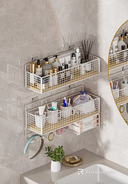 Organized Perfumes Cosmetics Storage On White Metal Grid Wall Mounted Rack 3d model 
