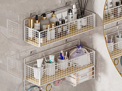 Organized Perfumes Cosmetics Storage On White Metal Grid Wall Mounted Rack 3d model