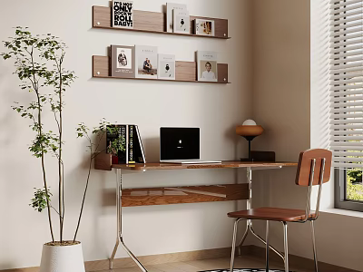 Home Office Workspace With Wooden Desk Laptop Leather Chair Potted Plant Wall Shelves Window Blinds 3d model