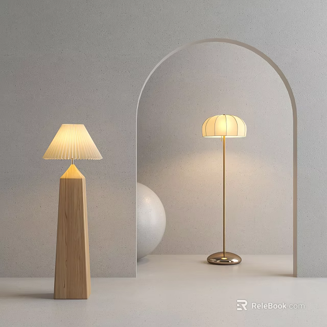 Modern Floor Lamps with Wooden and Metal Bases Pleated Lampshades Minimalist Grey Wall Archway Design 3d model 