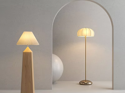 Modern Floor Lamps with Wooden and Metal Bases Pleated Lampshades Minimalist Grey Wall Archway Design 3d model