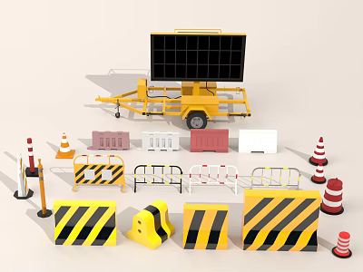 Traffic Safety Equipment Collection With Mobile Display Trailer Cones Barriers And Warning Signs 3d model