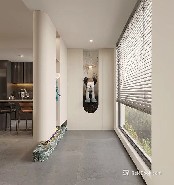 Modern Foyer With Large Window Art Decor And Marble Ledge 3d model