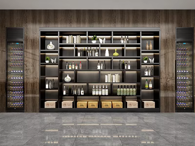 Modern Wine Cabinet Design With Multi Layer Shelves Wine Bottles Decorative Items And Green Plants 3d model
