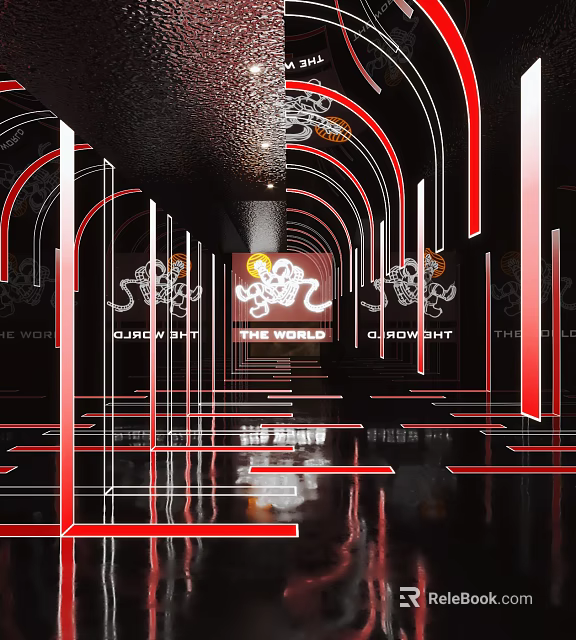 Modern Elevator Hallway With Red Arch Structures Reflective Floor And Decorative Lighting 3d model 