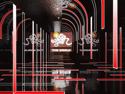Modern Elevator Hallway With Red Arch Structures Reflective Floor And Decorative Lighting 3d model