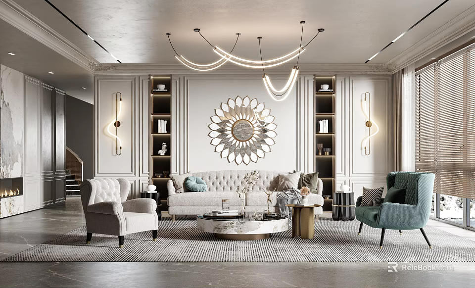 Elegant Modern Living Room With Chandelier Large Mirror Sofa Armchairs And Built In Bookshelves 3d model 