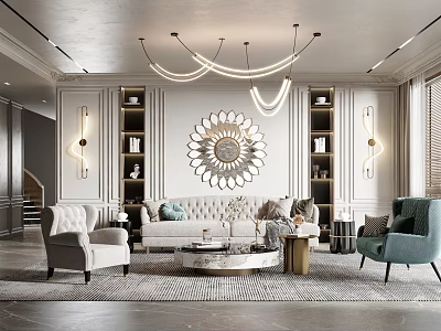 Elegant Modern Living Room With Chandelier Large Mirror Sofa Armchairs And Built In Bookshelves 3d model