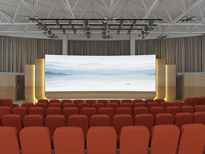Auditorium Interior with Red Seats a Large Screen Mountain Lake View Ceiling Lighting and Curtains 3d model