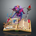 Ancient Open Book Scene Featuring Character And Purple Creature Near Red Roof Tower