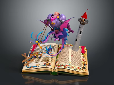 Ancient Open Book Scene Featuring Character And Purple Creature Near Red Roof Tower 3d model