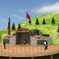 Scenic Garden Landscape With Red Star Monument Red Flag Green Trees And Wooden Platform