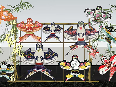 Traditional Kites Display Photo Spot With Colorful Bird And Fish Shapes Bamboo Frame 3d model