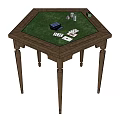 Hexagonal Game Table With Green Felt Surface Playing Cards Dice And Poker Chips Wooden Legs