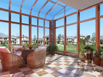 Villa Balcony With Glass Roof Wicker Furniture Checkerboard Floor And Garden View 3d model