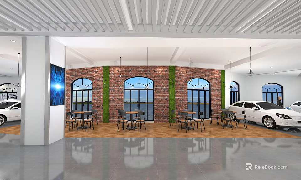 Leisure Area Interior With Red Bricked Walls Arched Windows Wooden Tables Chairs And White Car 3d model 