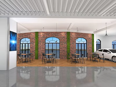 Leisure Area Interior With Red Bricked Walls Arched Windows Wooden Tables Chairs And White Car 3d model