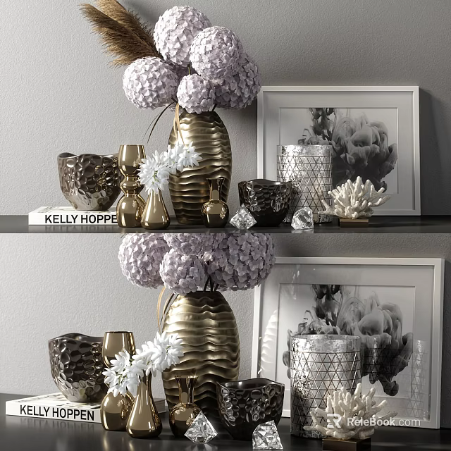 Elegant Decorative Ornament Set With Gold Vases Purple Flowers Picture Frames And Coral Decor 3d model 