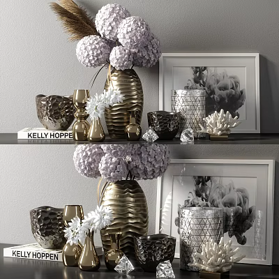 Elegant Decorative Ornament Set With Gold Vases Purple Flowers Picture Frames And Coral Decor 3d model