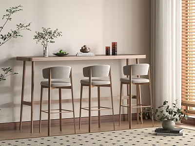 Minimalist Modern Bar Counter With Three Gray Bar Stools Potted Plants And Wooden Blinds 3d model
