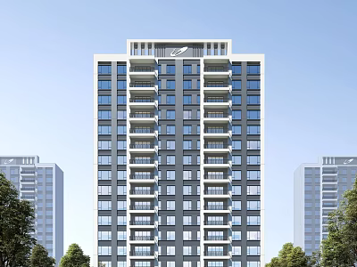 Modern High Rise Residential Building Exterior With Green Trees And Multiple Windows 3d model
