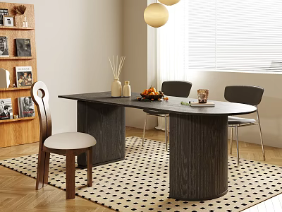 Modern Dark Wooden Dining Table Set With Upholstered Chairs Geometric Rug And Pendant Lights 3d model