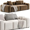 Modern Beige Fabric Two Seater Sofa With Decorative Pillows Knit Blanket And Color Options