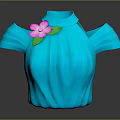 Turquoise Pleated High Neck Cold Shoulder Women's Top With Pink Flower And Green Leaf