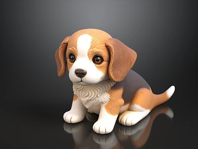 Cute Brown White Black Plush Dog Toy With Floppy Ears Sitting On Shiny Surface 3d model