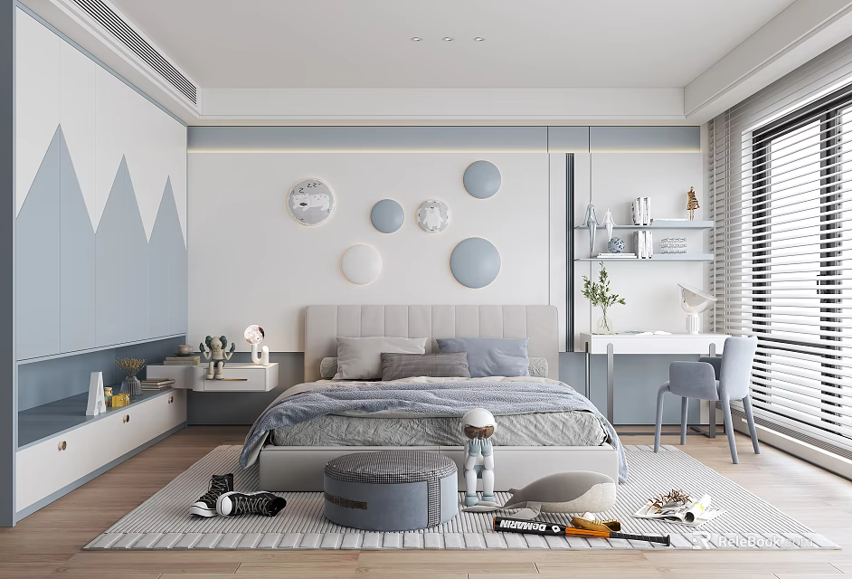 Bright Kids Room Interior With Geometric Wall Decor Bed Desk Chair And Toys 3d model 