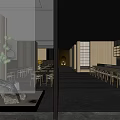 Modern Restaurant Interior Design With Wooden Tables Chairs Decorative Painting And Sliding Screens