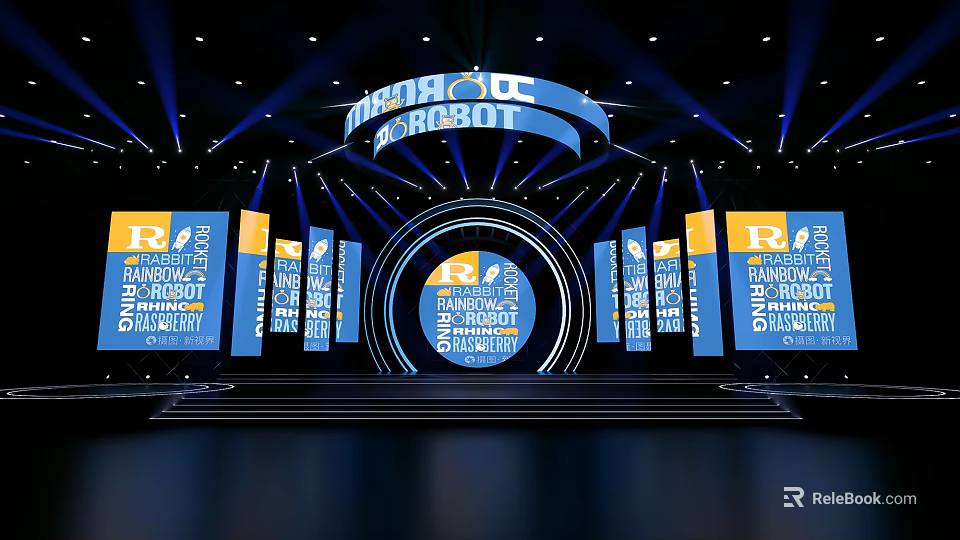 China Robot Event Stage With Blue Lights And Multiple Screens 3d model