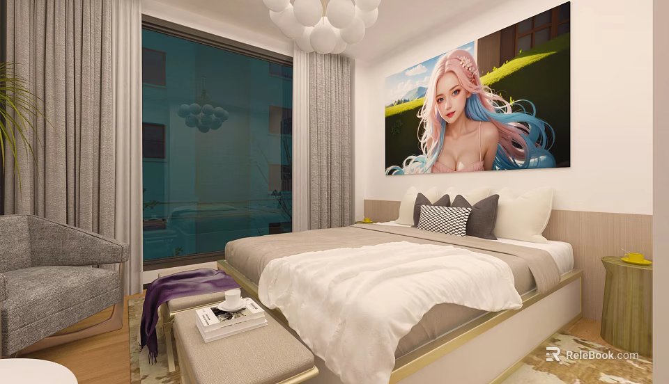 Modern Apartment Bedroom Interior Design With White Bedding Large Window Curtains And Wall Painting 3d model 