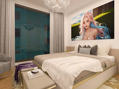 Modern Apartment Bedroom Interior Design With White Bedding Large Window Curtains And Wall Painting 3d model