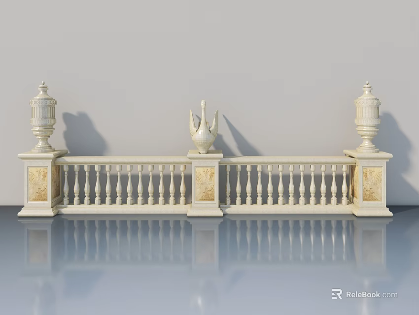 Modern White Swing Door With Decorative Railings And Reflective Floor Design 3d model 